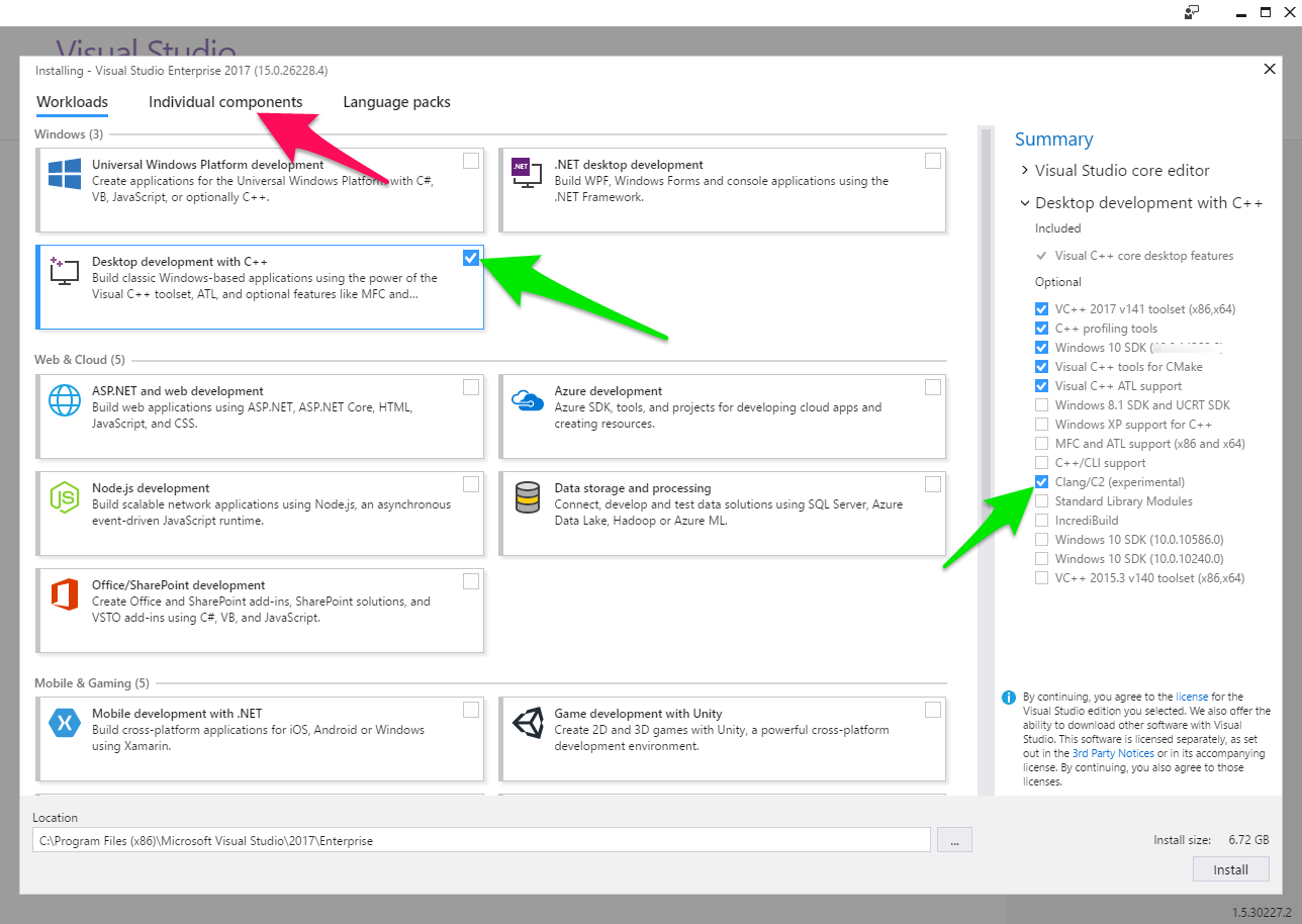MS Visual Studio 2017 install procedure step 1 screenshot