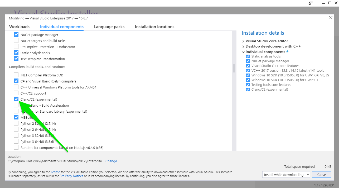 MS Visual Studio 2017 install procedure step 2a screenshot